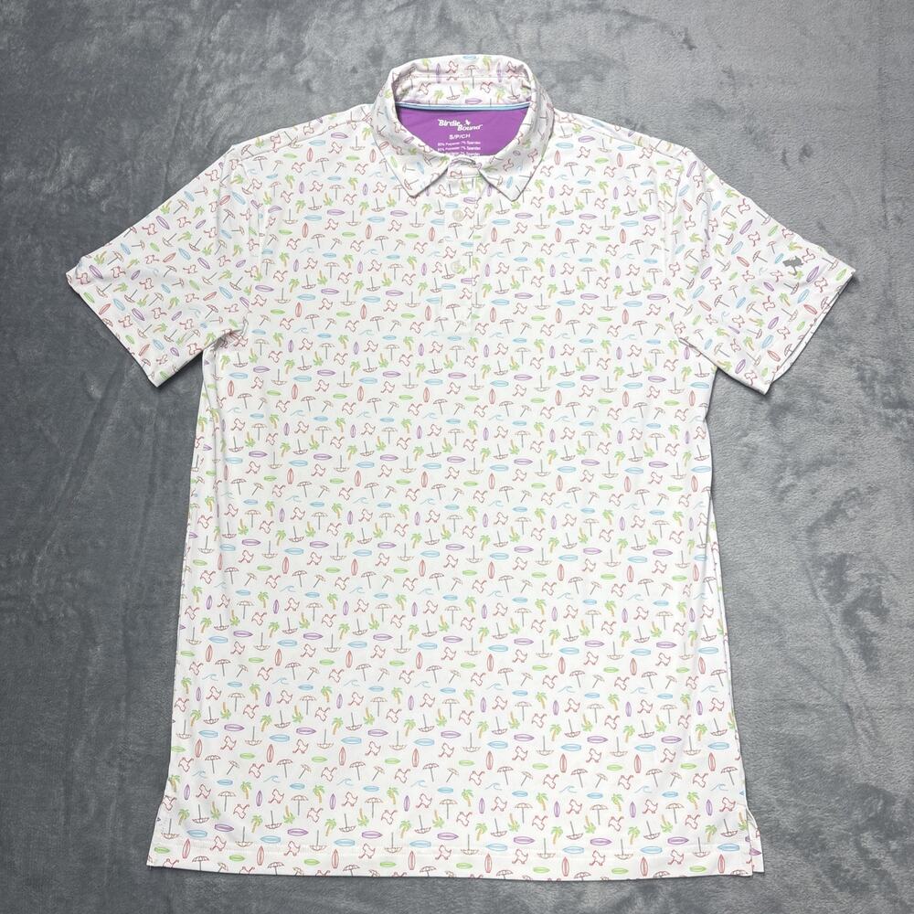 Birdie Bound Polo Shirt Men's Small White Tropical Performance Stretch Golf